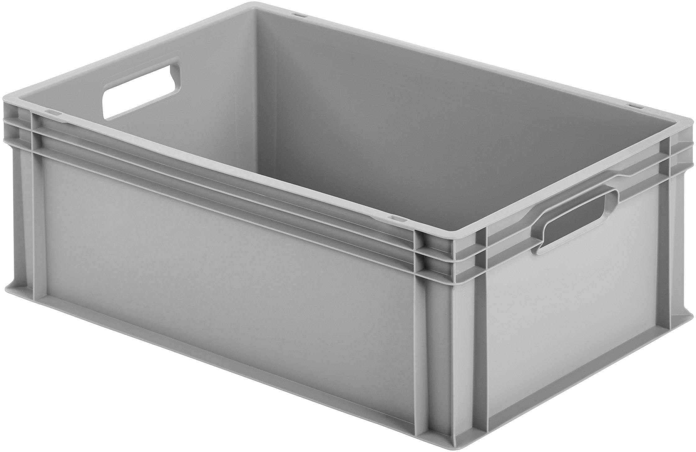 Grey plastic storage crate with a rectangular shape and grip holes on the sides. Suitable for storing or transporting items.