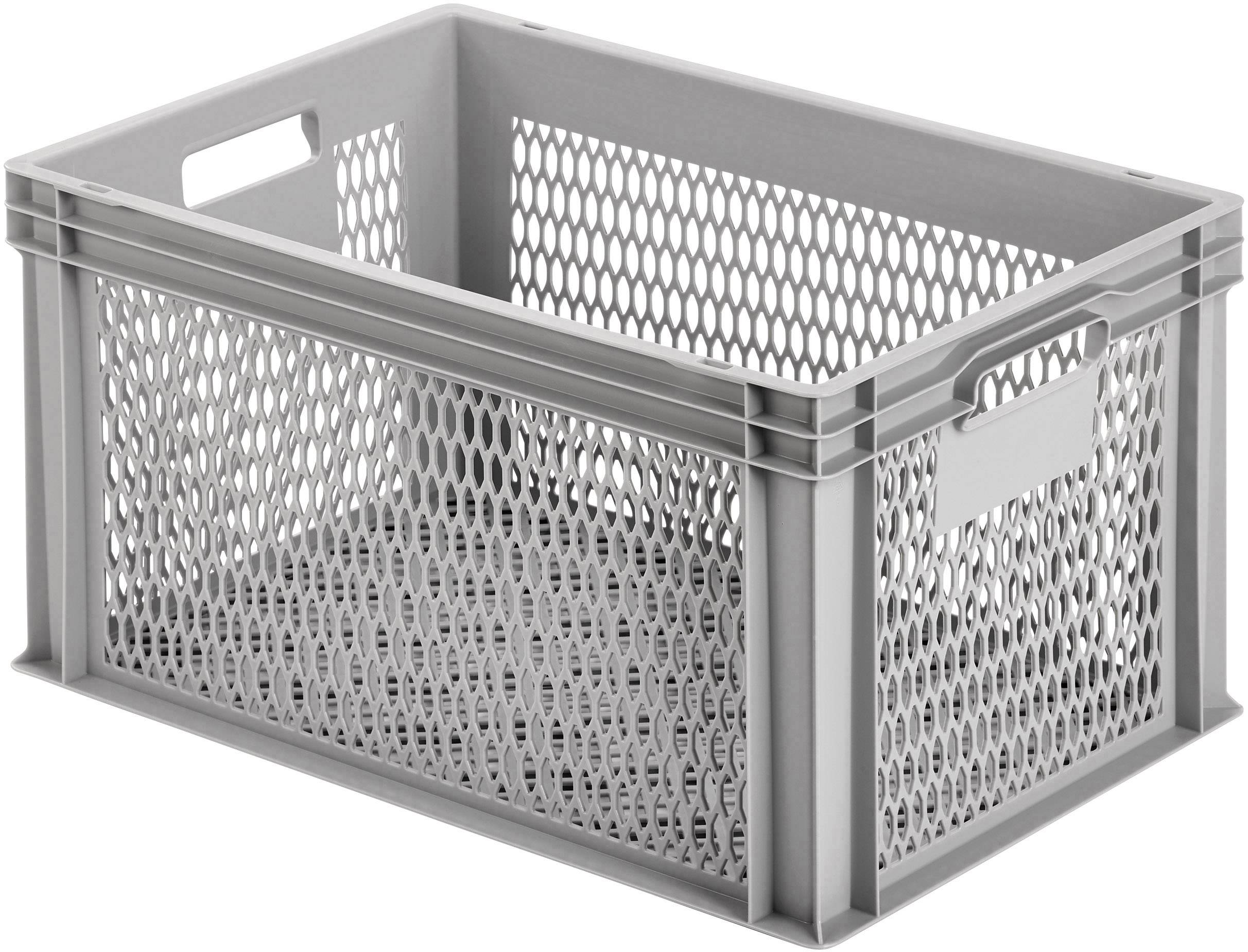 Grey plastic crate with oval openings on the sides and handles on the short ends. Suitable for storage or transportation.