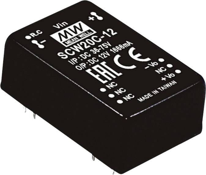 A rectangular, black electronic component, marked with 'Mean Well', model 'SCW20C-12'. Input: DC 36-75V; Output: DC 12V, 1680mA. Made in Taiwan. CE and EAC marks.