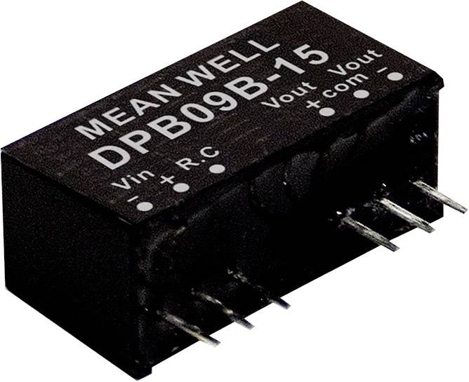 A MEANWELL DC-DC converter, Model DPB09B-15, with six pins, marked for Vin, Vout, RC and com.