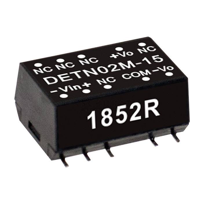 Electronic Component: Black rectangular connector with the inscription 'DETN02M-15' and '1852R', showing connections and polarity.