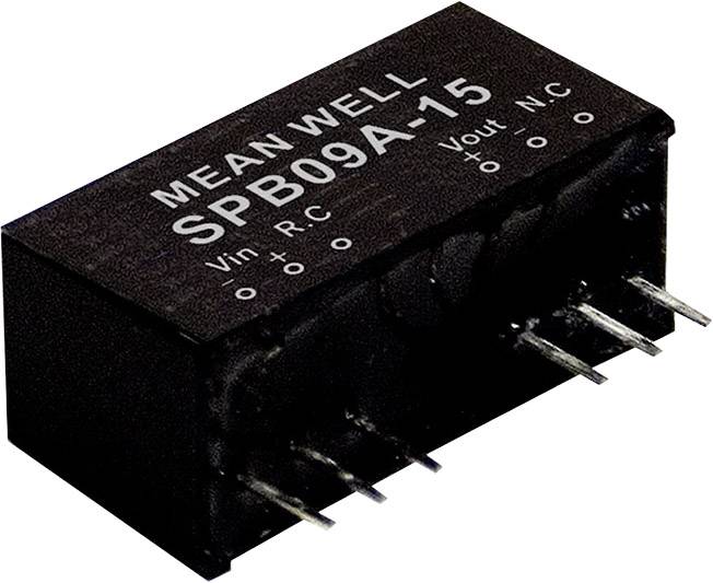Black electronic component with inscription: MEAN WELL SPB09A-15. Shows inputs Vin, R.C and outputs Vout, N.C.