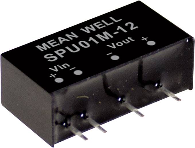 Black electronic component with the inscription 'MEAN WELL SPU01M-12', showing input and output terminals for Vin and Vout.