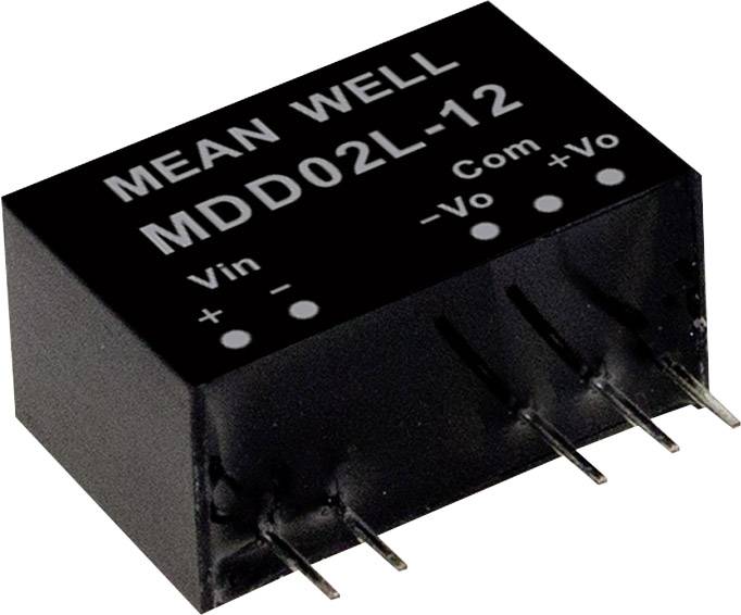 Black electronic circuit component with the inscription 'MEAN WELL MDD02L-12'. Used for voltage conversion, has multiple pins.