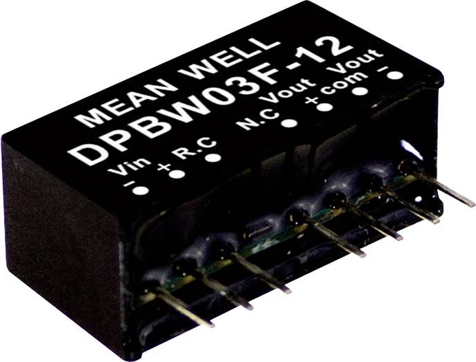 A black voltage regulator from Mean Well, model DPBW03F-12, with connections for Vin, Vout and RC, as well as NC and Com ports.