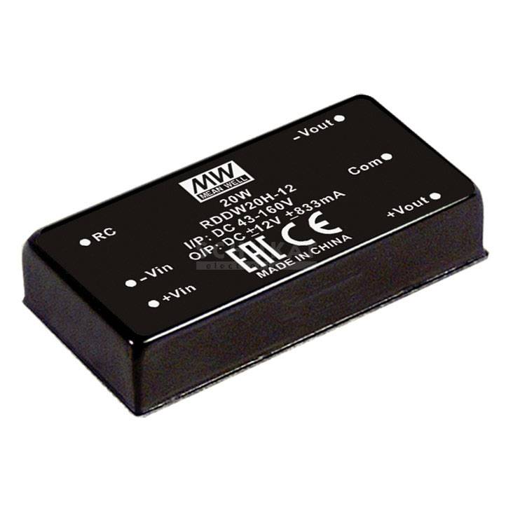 Black DDC enclosure with white technical prints and connection points for +Vout, -Vout, +Vin, -Vin, RC and Com.