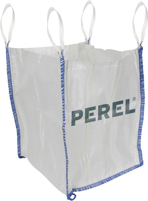 A white, square, robust bag with four carrying handles and a blue border, printed with the word 'PEREL'.