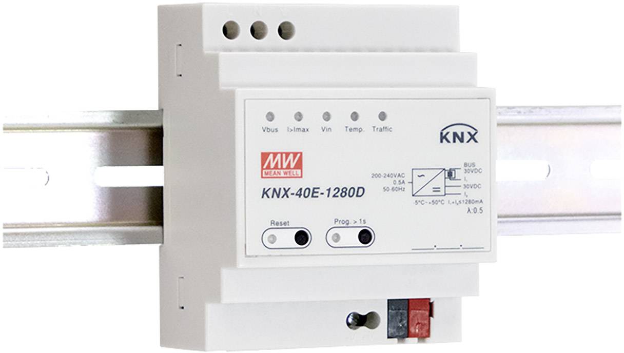 Power supply hardware for KNX system, mounted on DIN rail. Shows status indicators and connections for electrical connections.