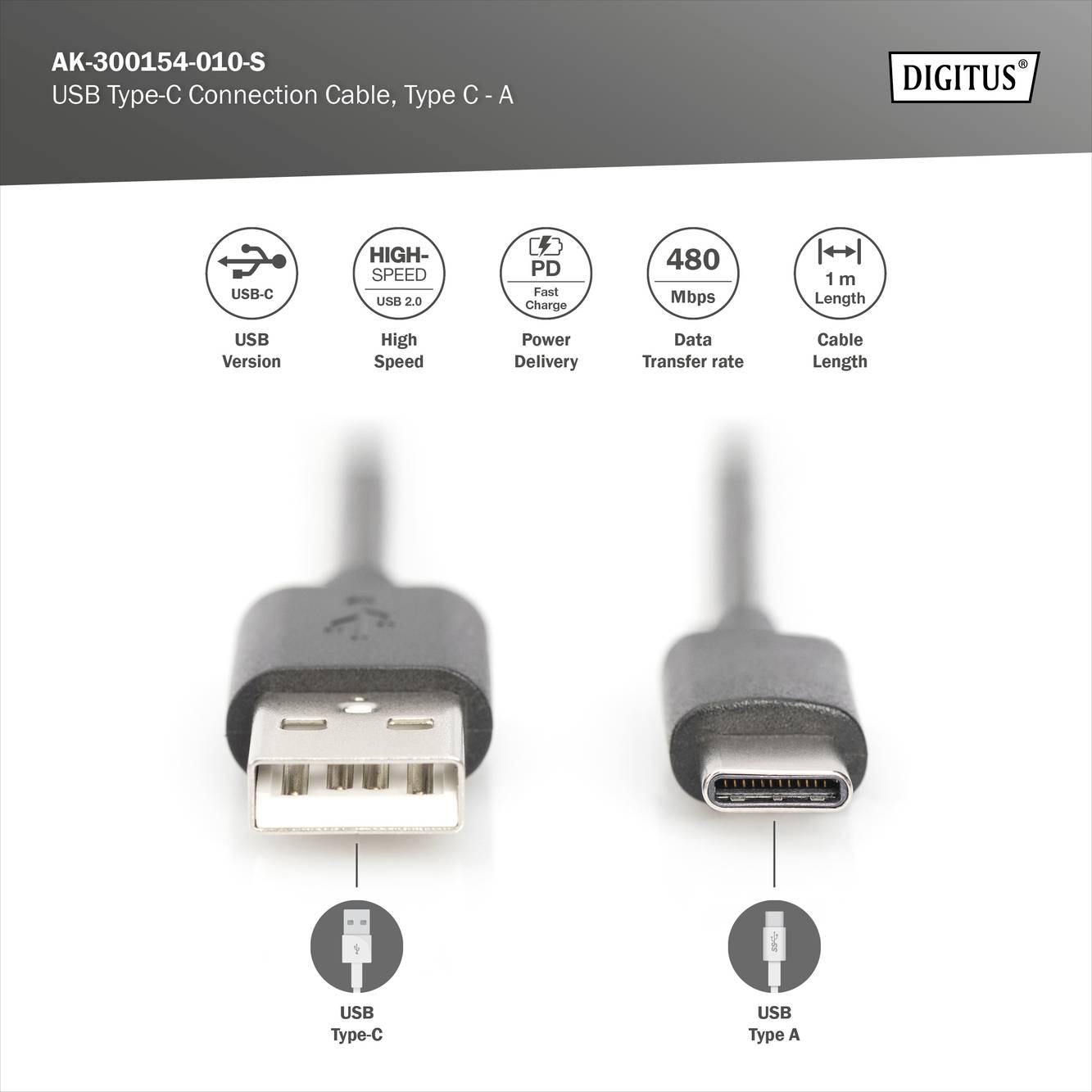 Digitus USB cable USB 2.0 USB-C® plug, USB-A plug 1.00 m Black Flexible AK-300154-010-S