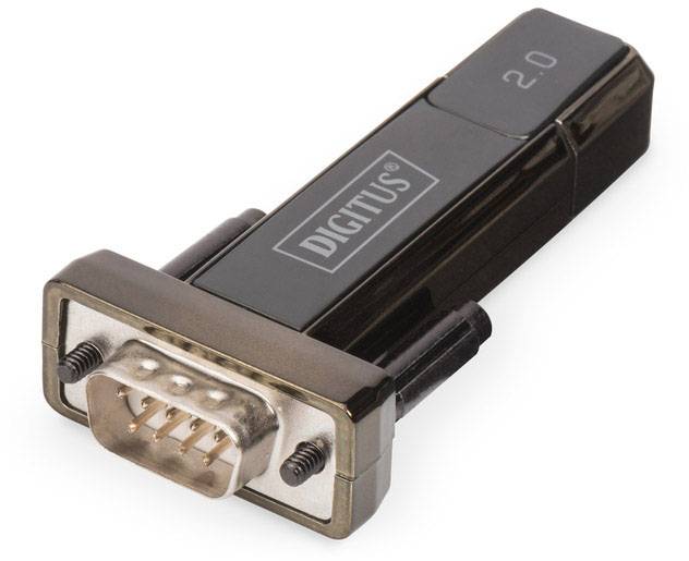 A USB-to-Serial adapter with the label 'DIGITUS 2.0'. It is used to connect devices with a serial port via USB.