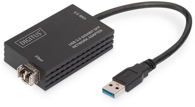 A black network adapter with USB 3.0 port and SFP port for fibre optic connections, brand 'DIGITUS'.