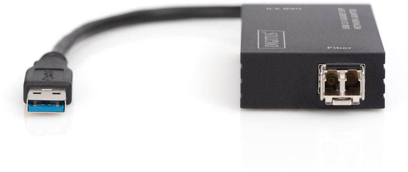A USB 3.0 adaptor cable connected to a black enclosure. The enclosure has a fibre optic connection.