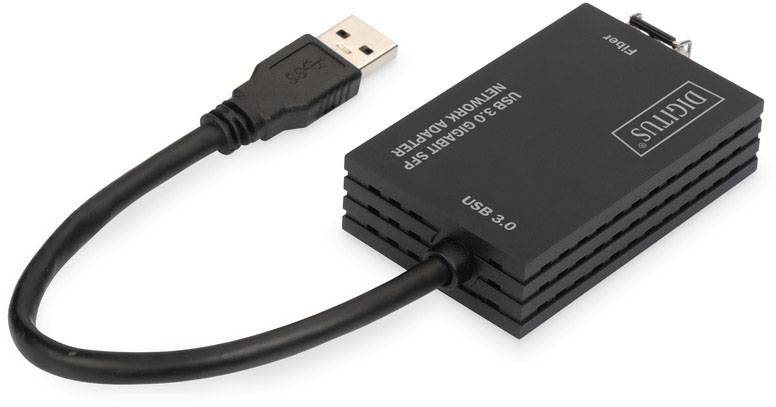 Black USB 3.0 to Gigabit network adapter with a USB plug on the left side and an Ethernet socket on the right side.