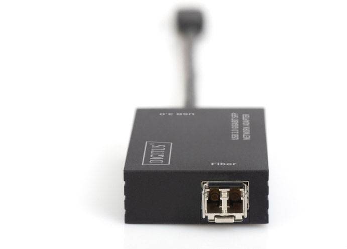 A two-port USB to fibre optic converter, set against a white background.