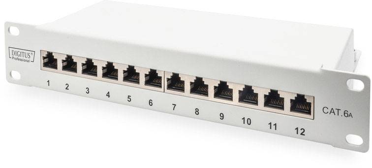 Patch panel with 12 Ethernet ports, numbered from 1 to 12, for network cabling; labelled 'CAT.6a'.