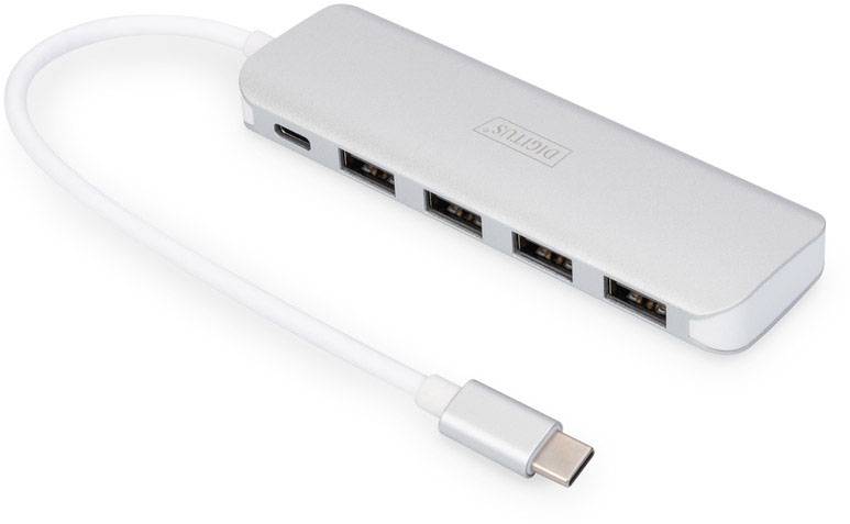 USB-C Hub with four USB ports and a USB-C port, silver casing.