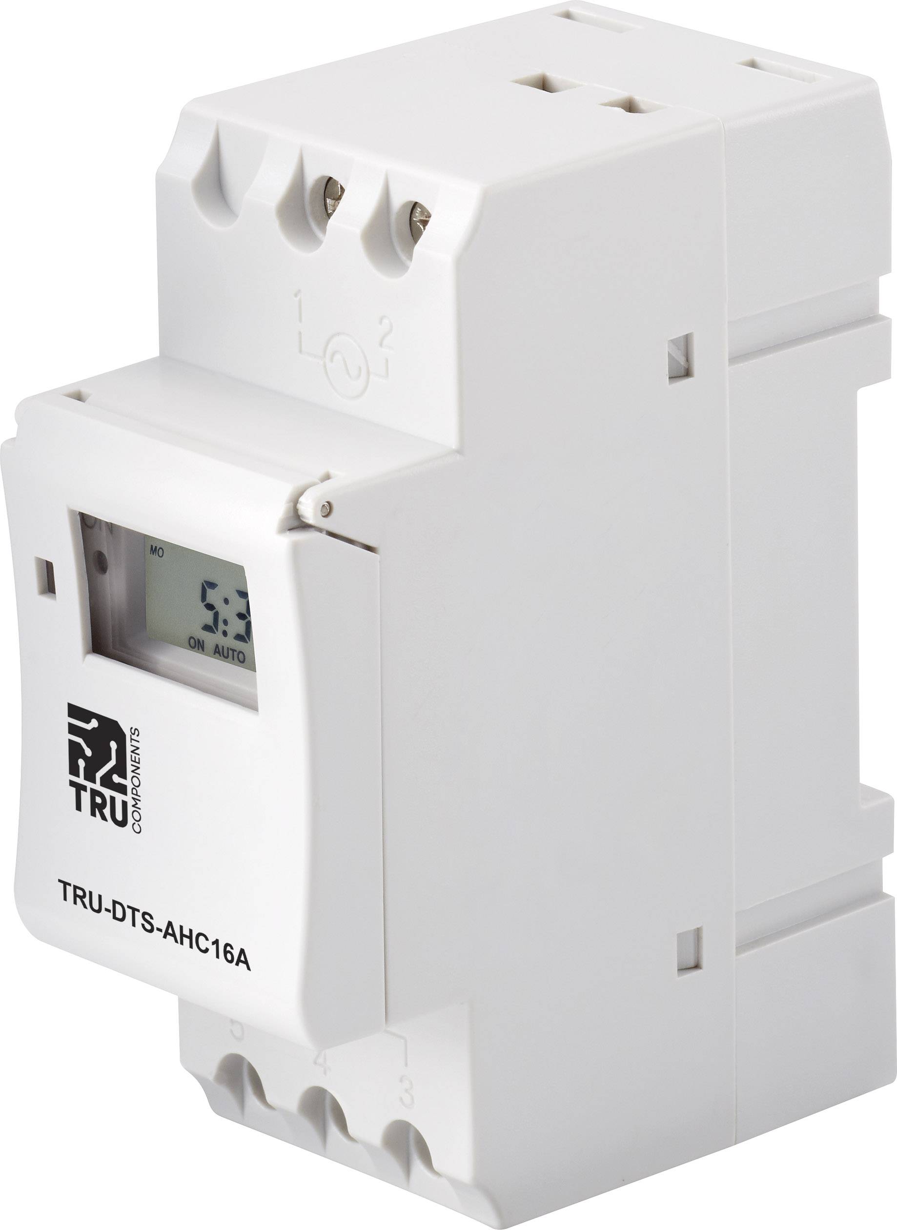 White digital time switch device with display. Shows time and automatic mode. For control panels and electronic applications.