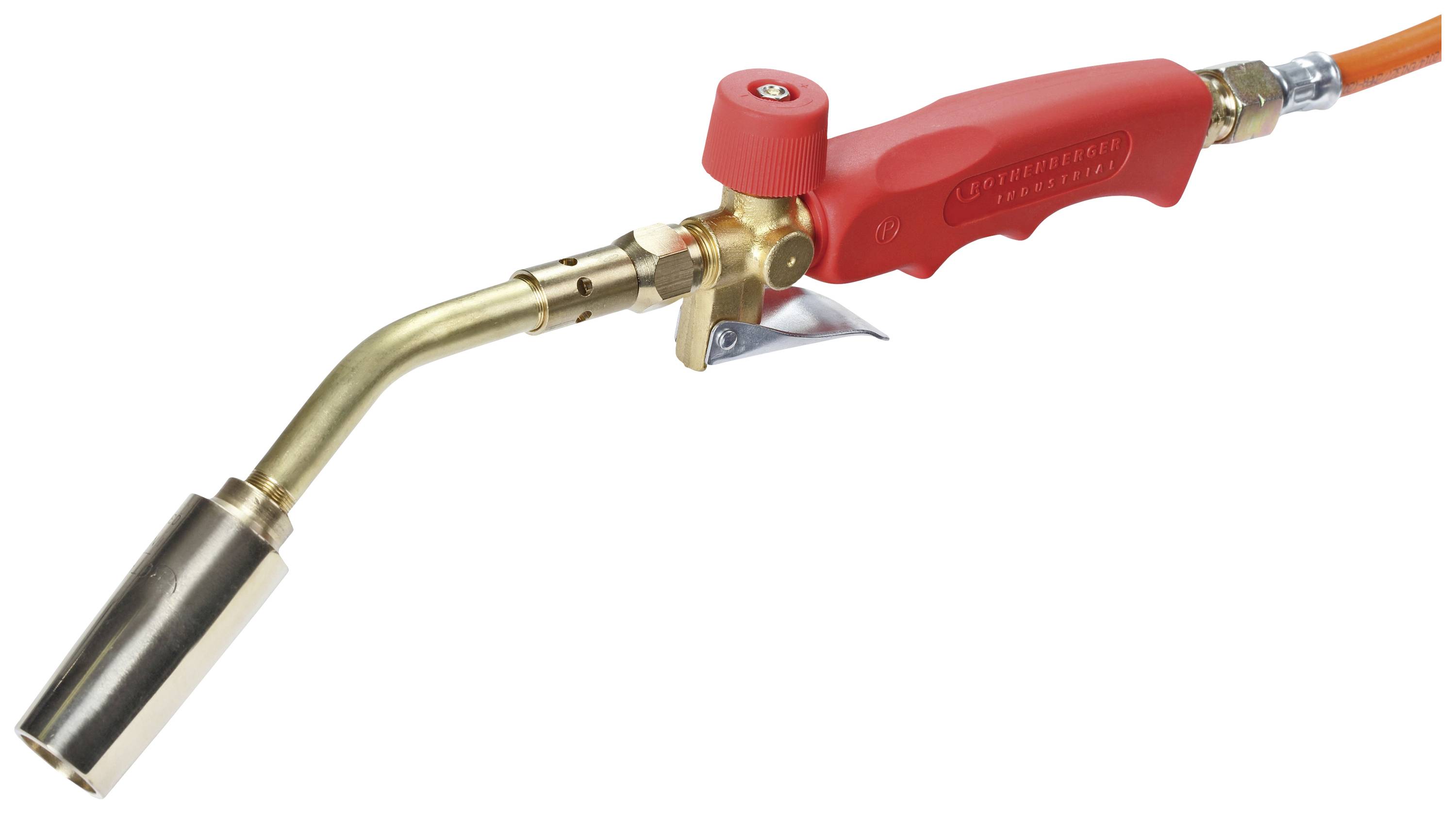 A blow torch with a red handle and metal nozzle. Suitable for soldering or welding smaller metal parts.