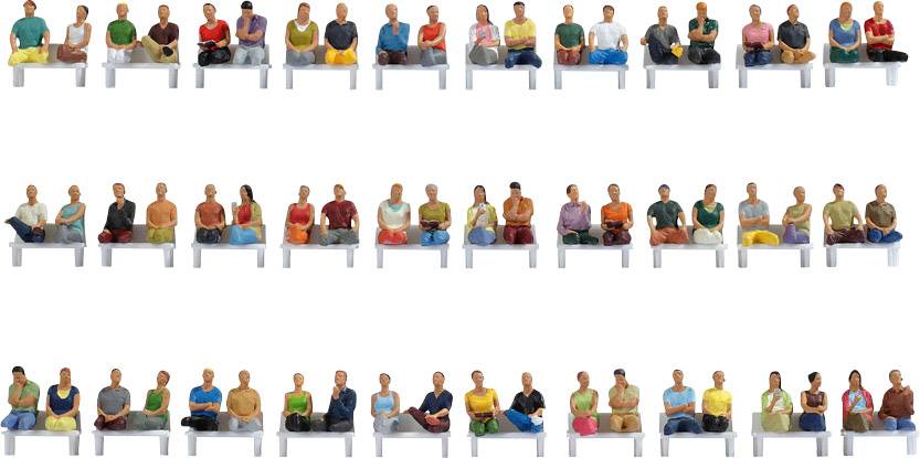 A row of miniature figures, dressed in colourful clothing and seated on benches, symbolises diversity and community.