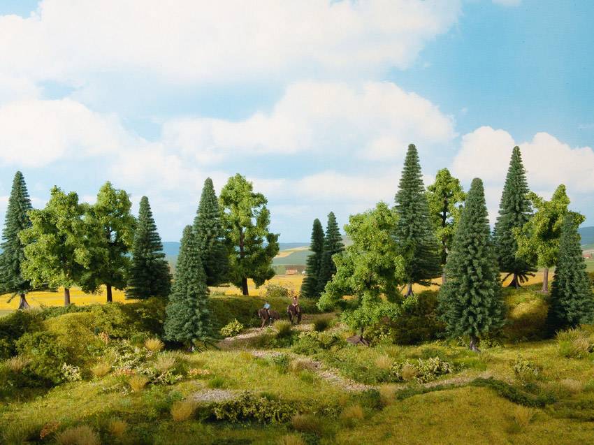 Forest landscape with pine trees and green grass beneath a blue sky. A path winds through the trees, with a rider and horse visible.