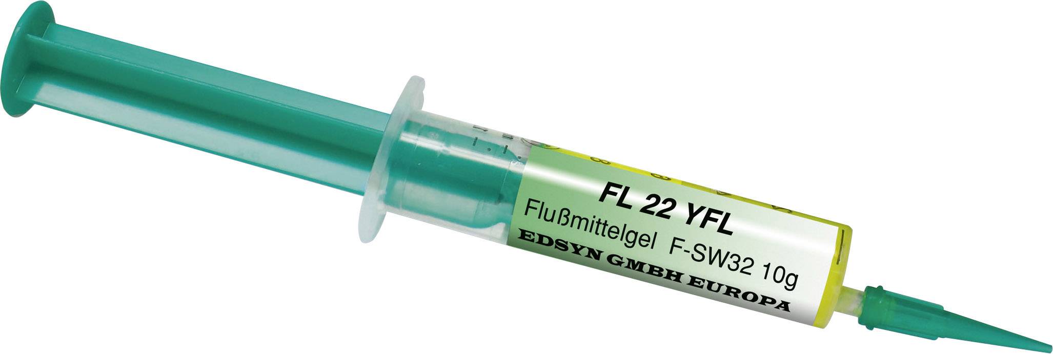 Turquoise syringe with label 'FL 22 YFL, Flux Gel F-SW32 10g'. Manufacturer 'EDSYN GmbH Europe'.
