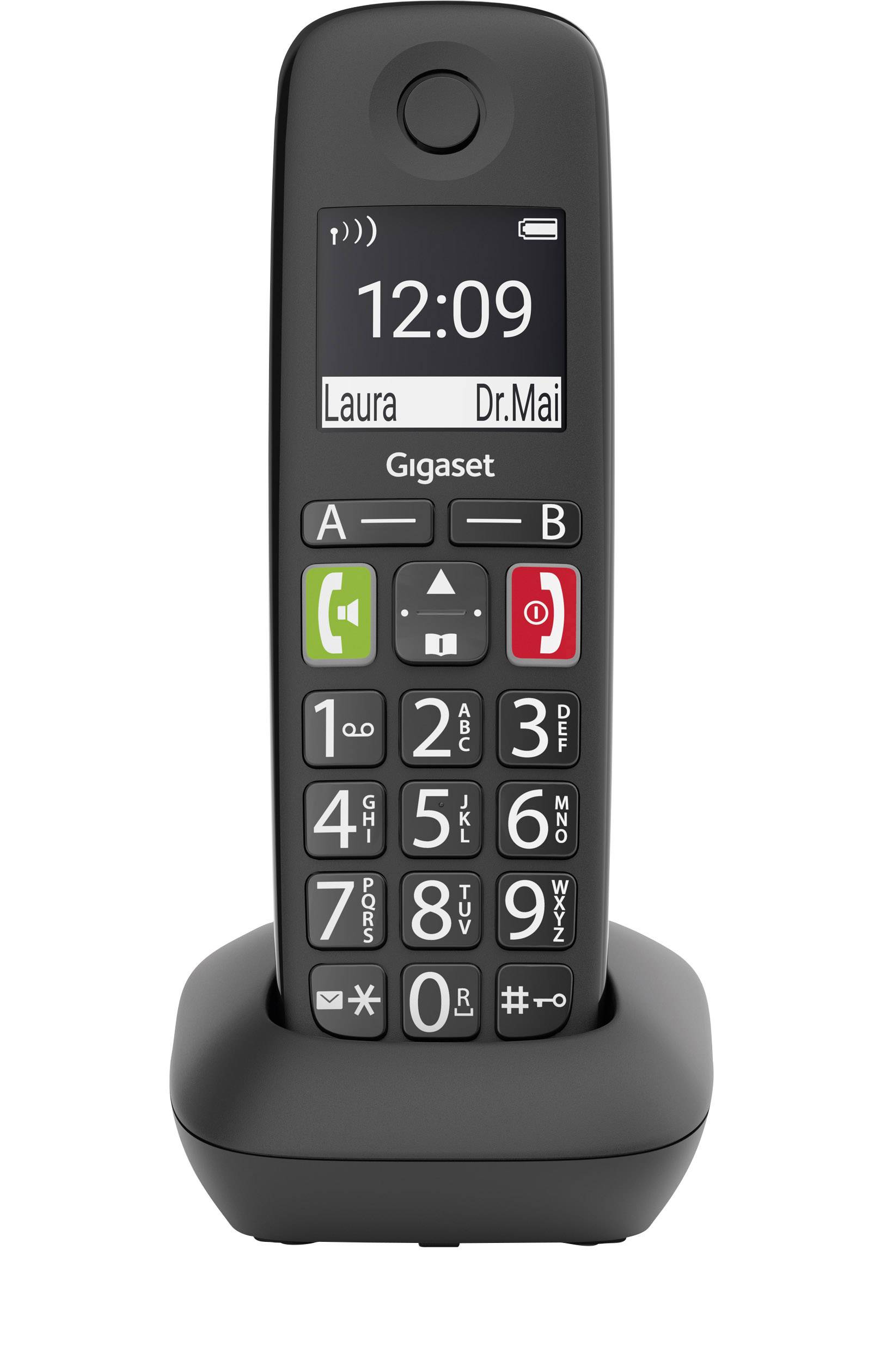 Black cordless telephone with large display, showing the time 12:09. Keys A and B are green for stored numbers.