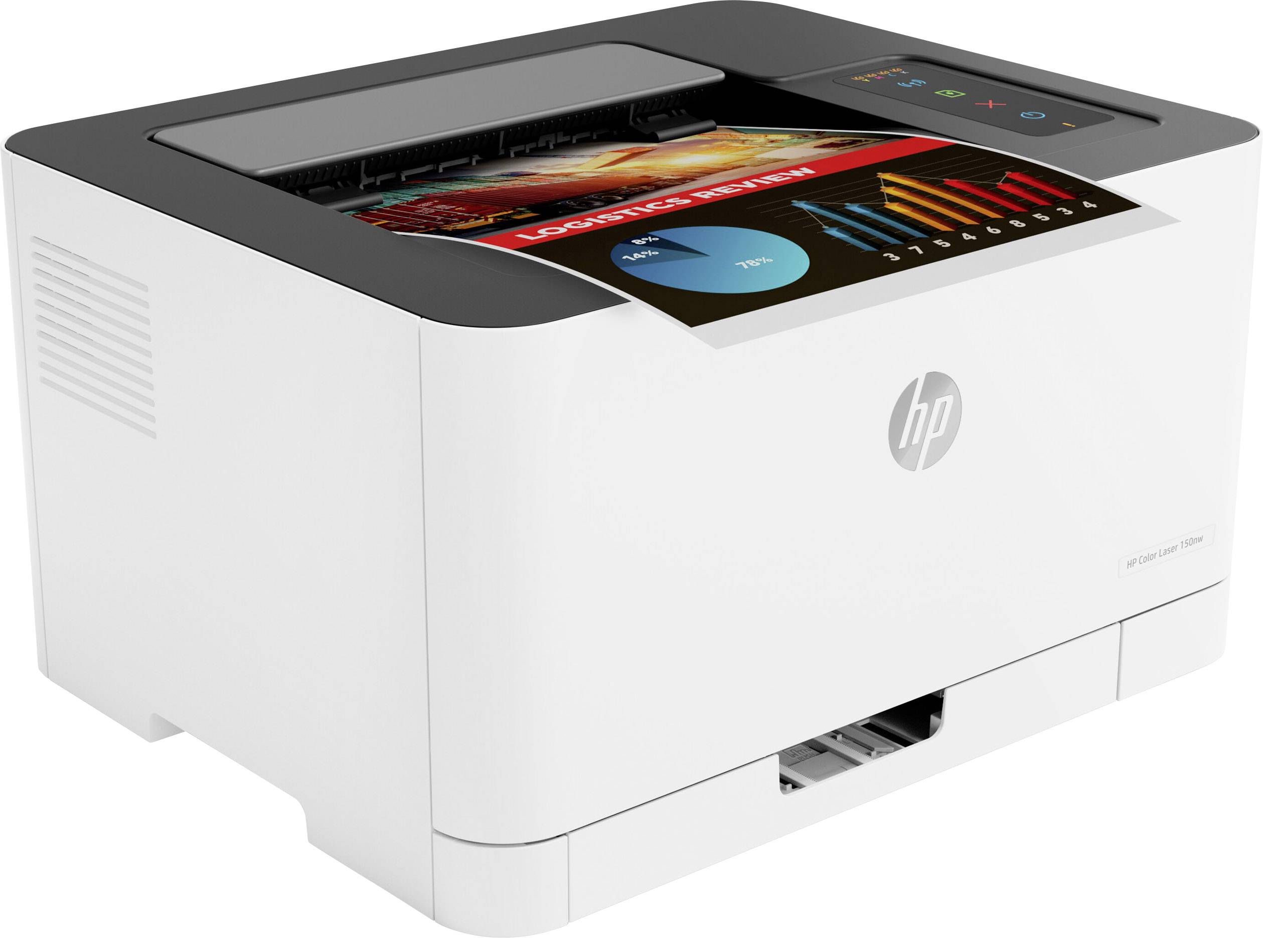 A white printer with a printed colour diagram on the top surface, showing a 'Performance Overview' and colour gradients.