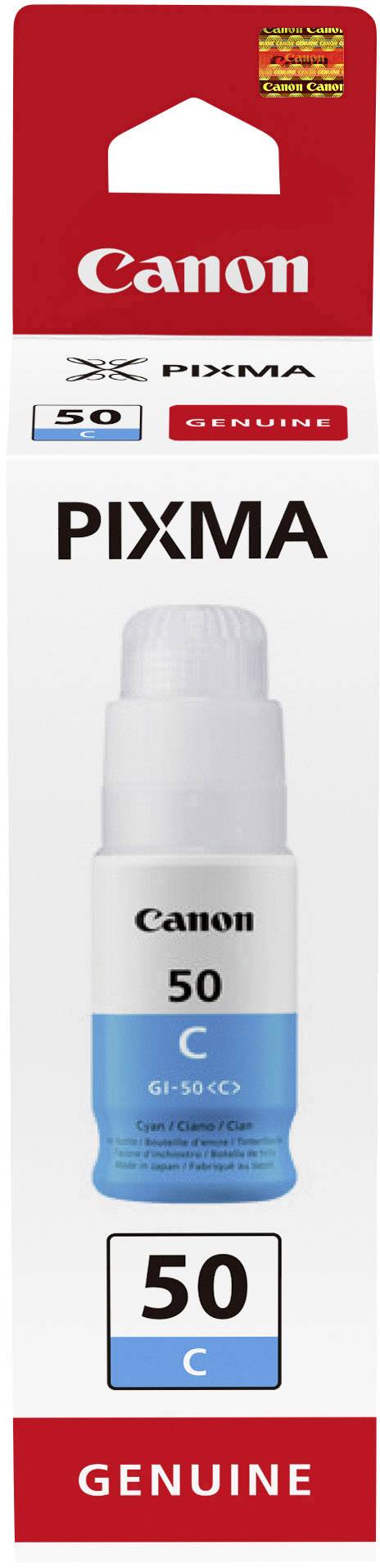 Canon PIXMA Ink Bottle G-50C in Blue, recommended for colour printers. Packaging displays product image and brand logo.