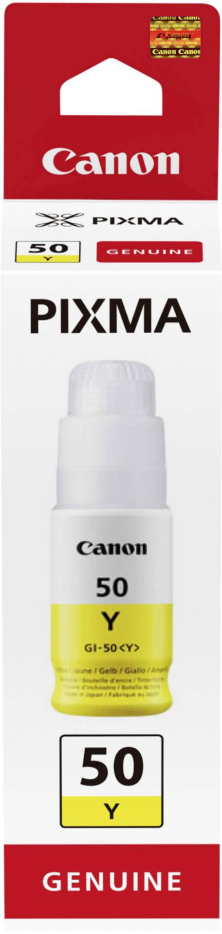 A yellow Canon PIXMA ink bottle from the '50 Y' series, in original packaging, for printers.
