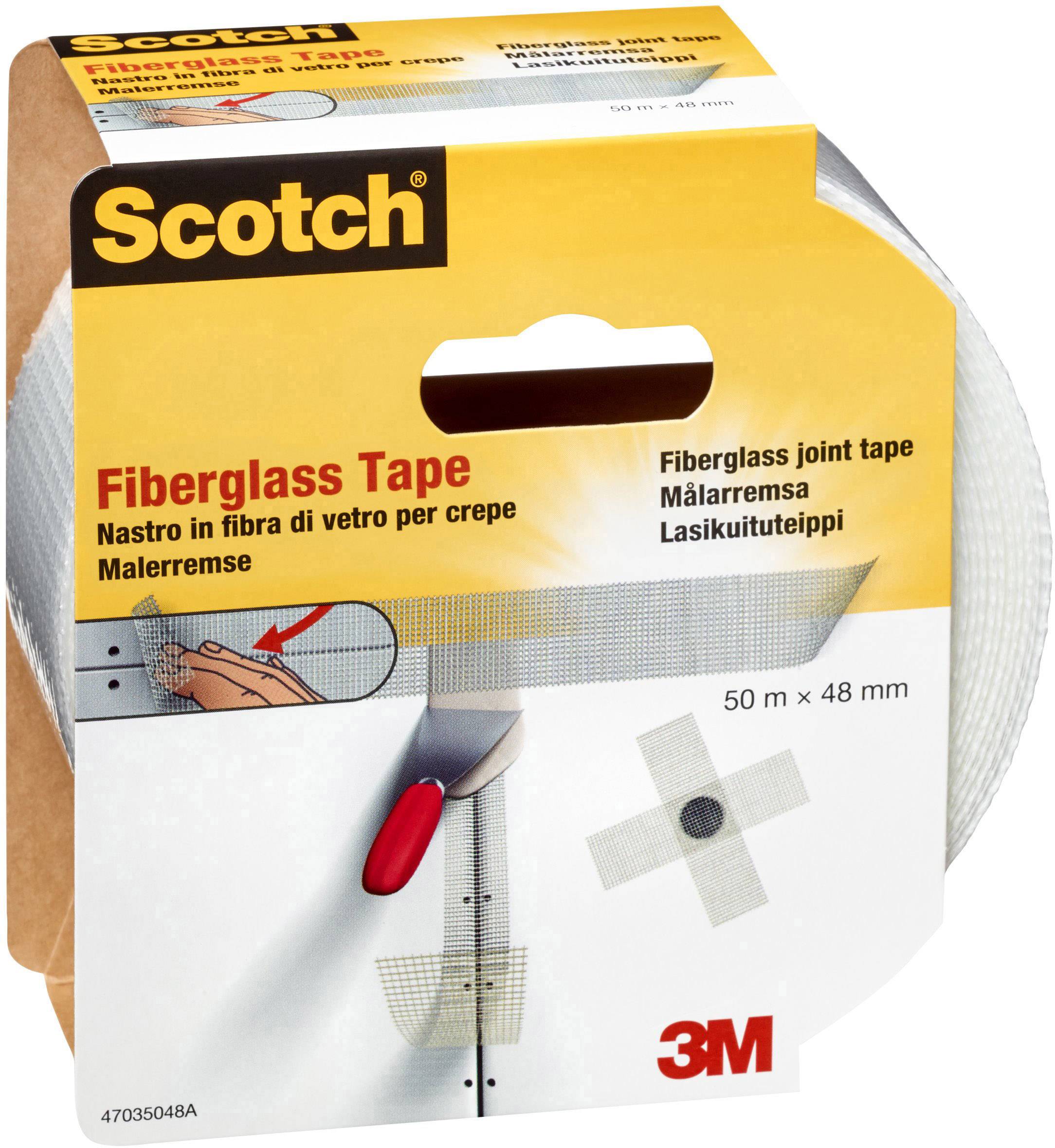 A pack of 3M Scotch Fiberglass Tape, 50 m x 48 mm. Illustration shows application for cracks. Contains four languages.