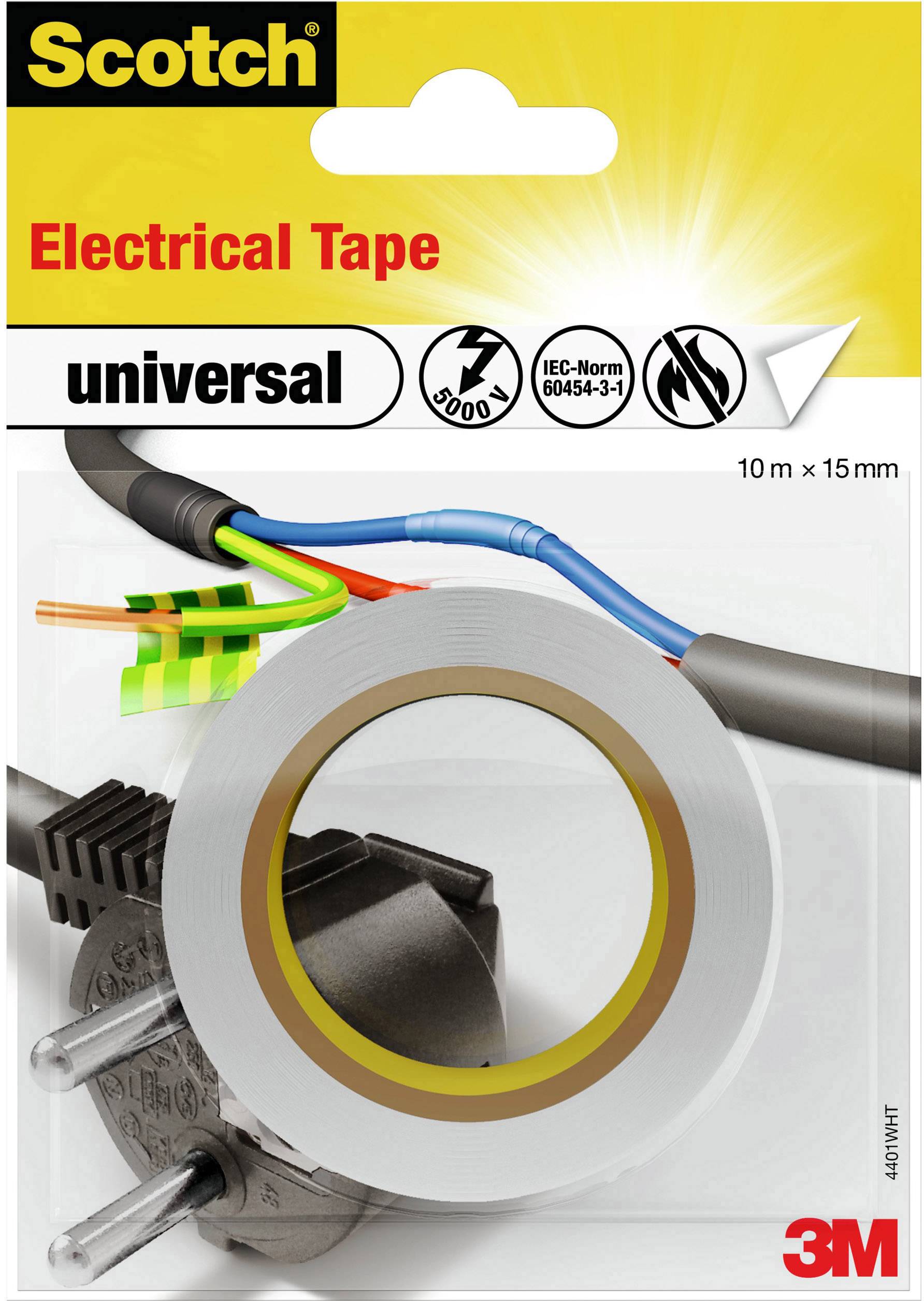 Roll of Scotch insulating tape on packaging highlighting its suitability for universal applications, compliant with IEC standard.