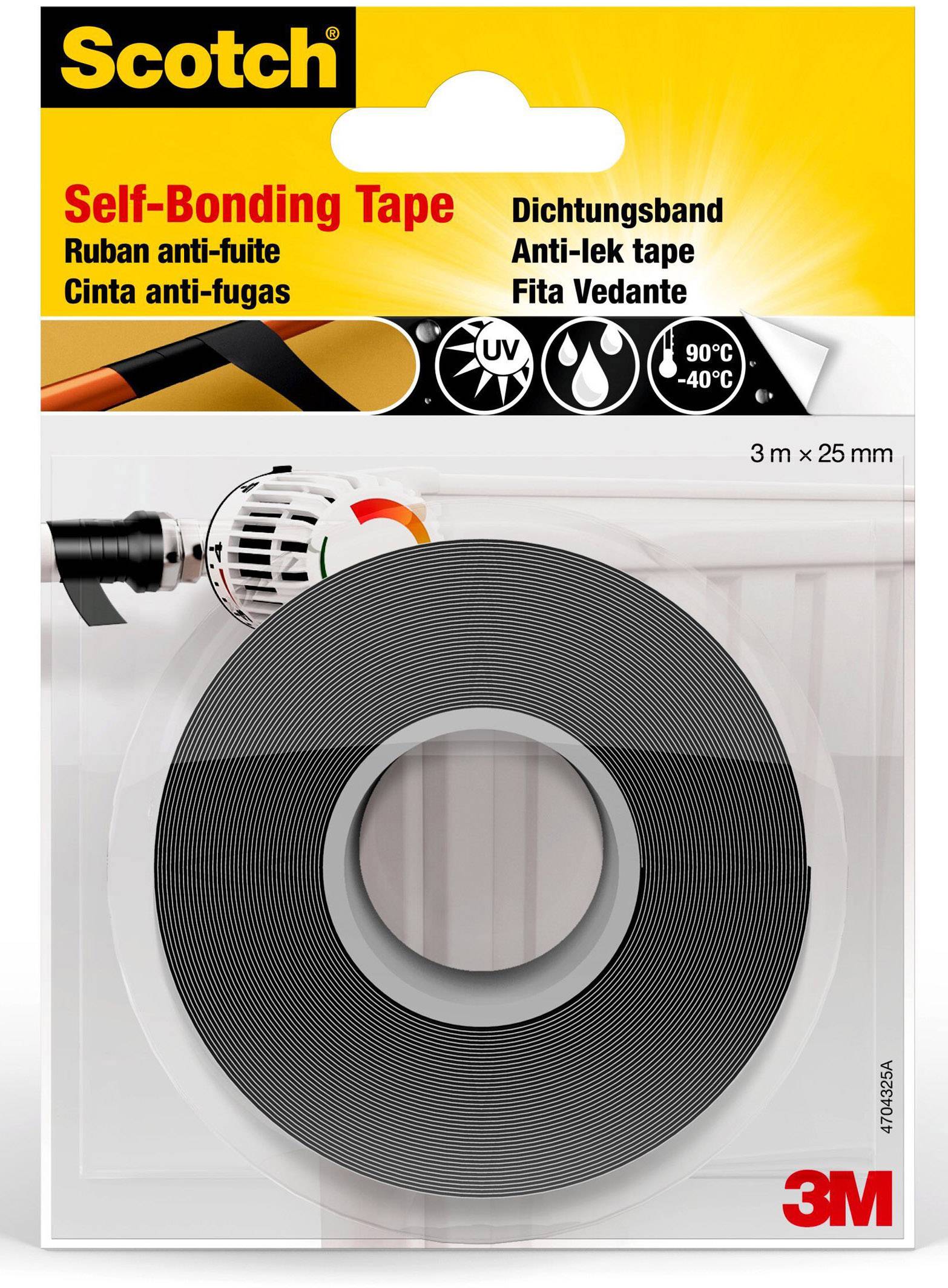 A roll of black sealing tape by 'Scotch', 3 m x 25 mm, suitable for temperatures from -40°C to 90°C, shown in its packaging.