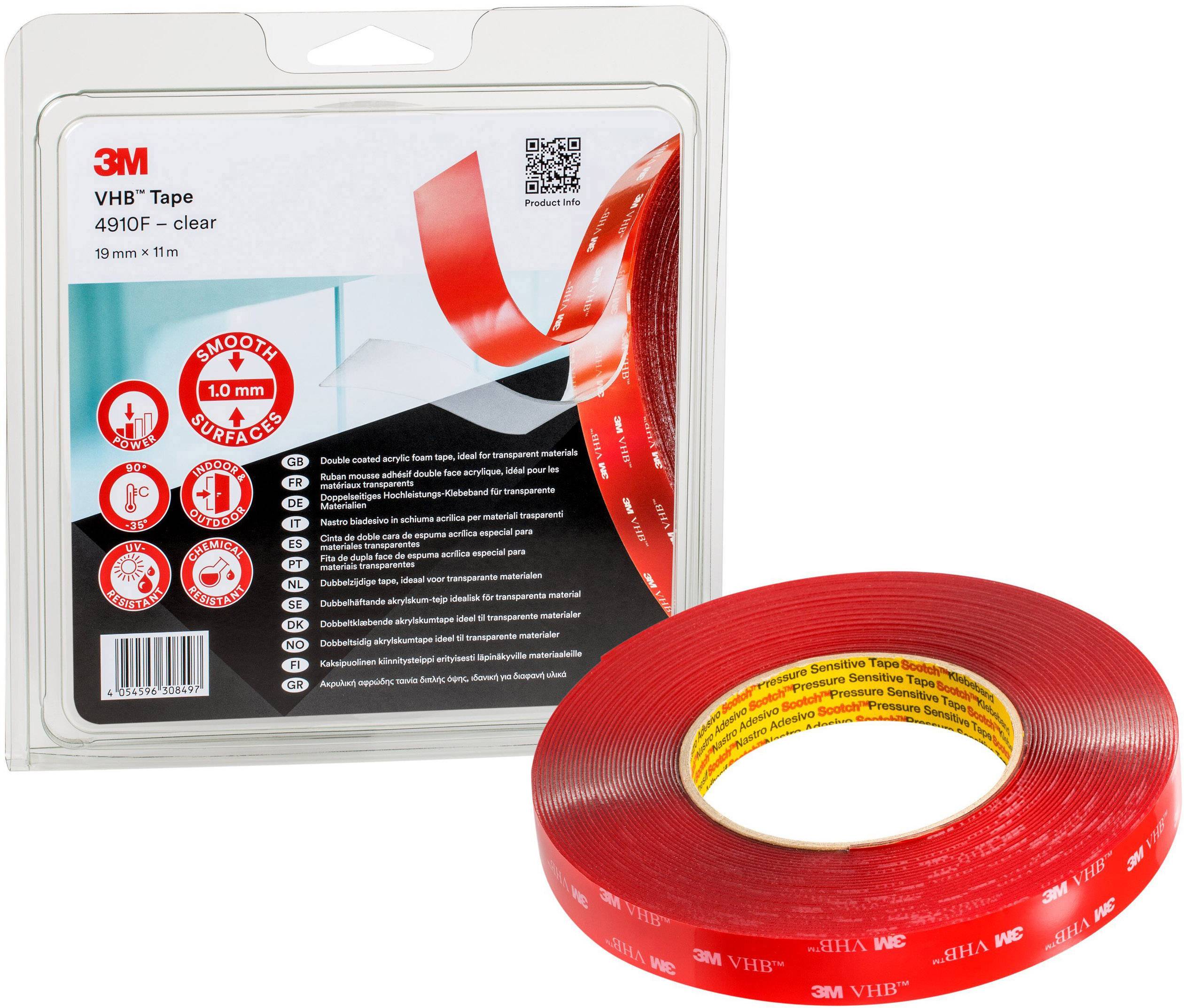 Transparent 3M VHB adhesive tape, 19 mm x 11 m, in packaging next to a roll. Suitable for smooth surfaces, highly adhesive.