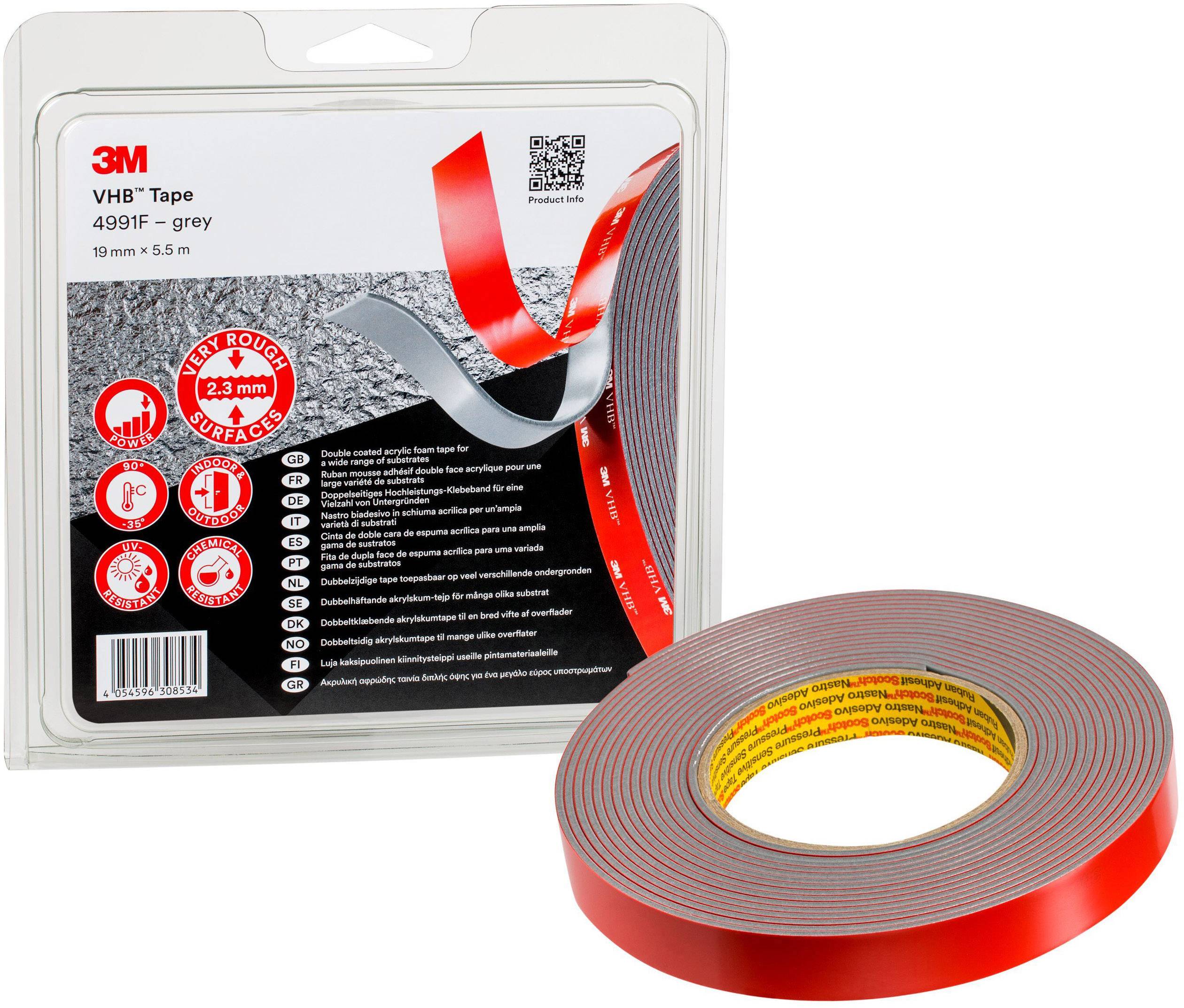 The image shows a roll of grey 3M VHB Tape 4991F, 19 mm x 5.5 m, beside a packaged unit. The adhesive tape adheres strongly to rough surfaces.