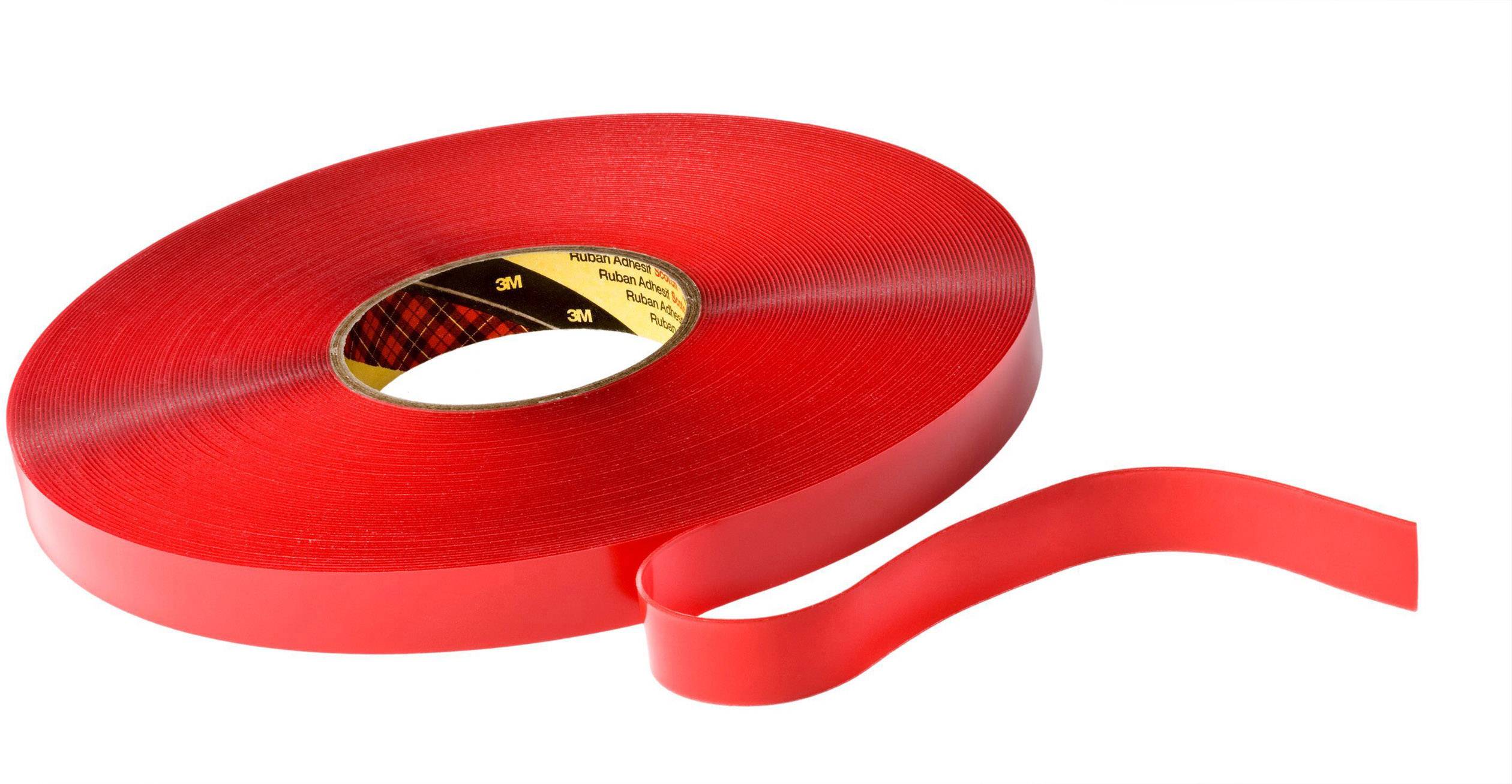 Roll of red adhesive tape, partially unrolled. Brand imprint visible on the inside of the spool.