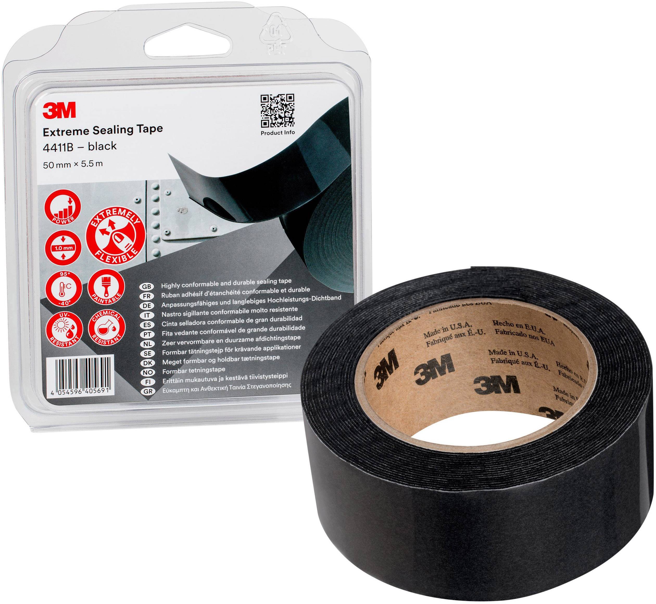 Black 3M Adhesive Tape in packaging. Product name 'Extreme Sealing Tape'. Dimensions: 50 mm x 5.5 m. Suitable for sealing purposes.