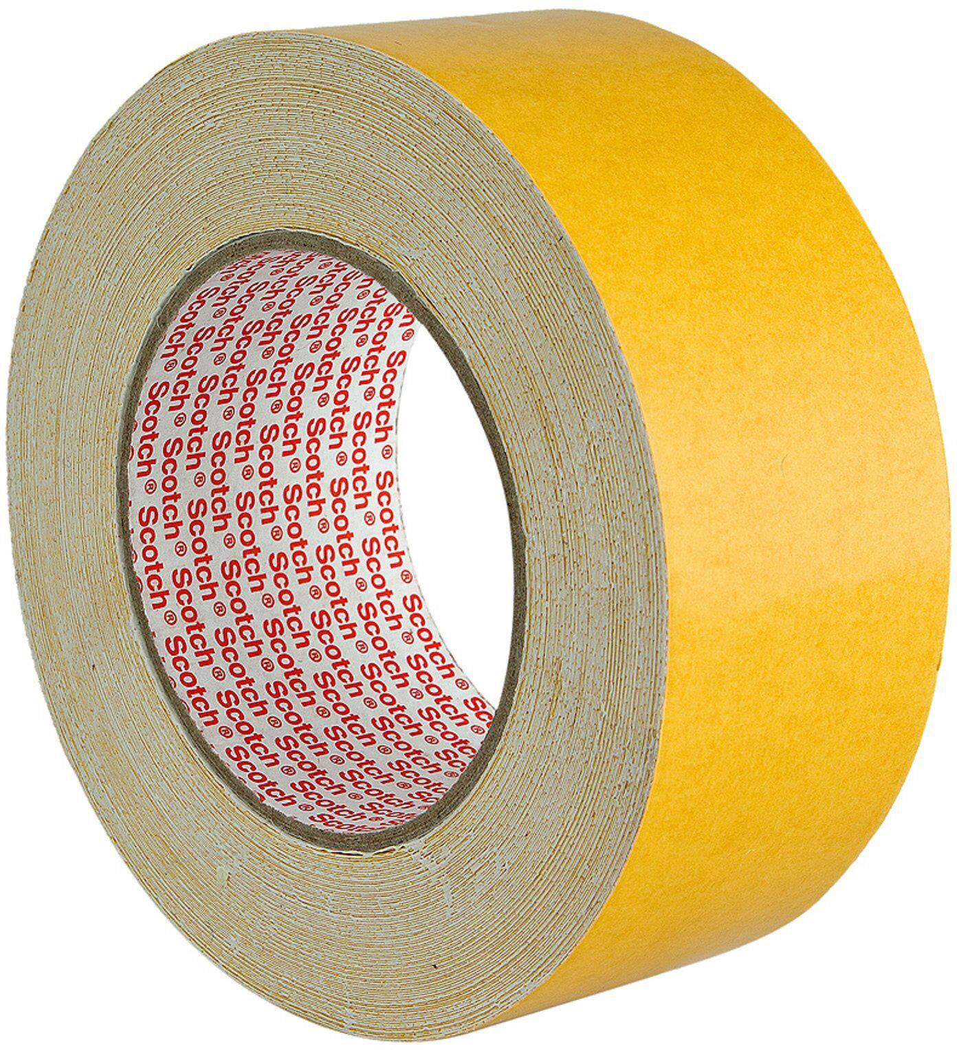 A yellow adhesive tape with red lettering on the inside stands upright.