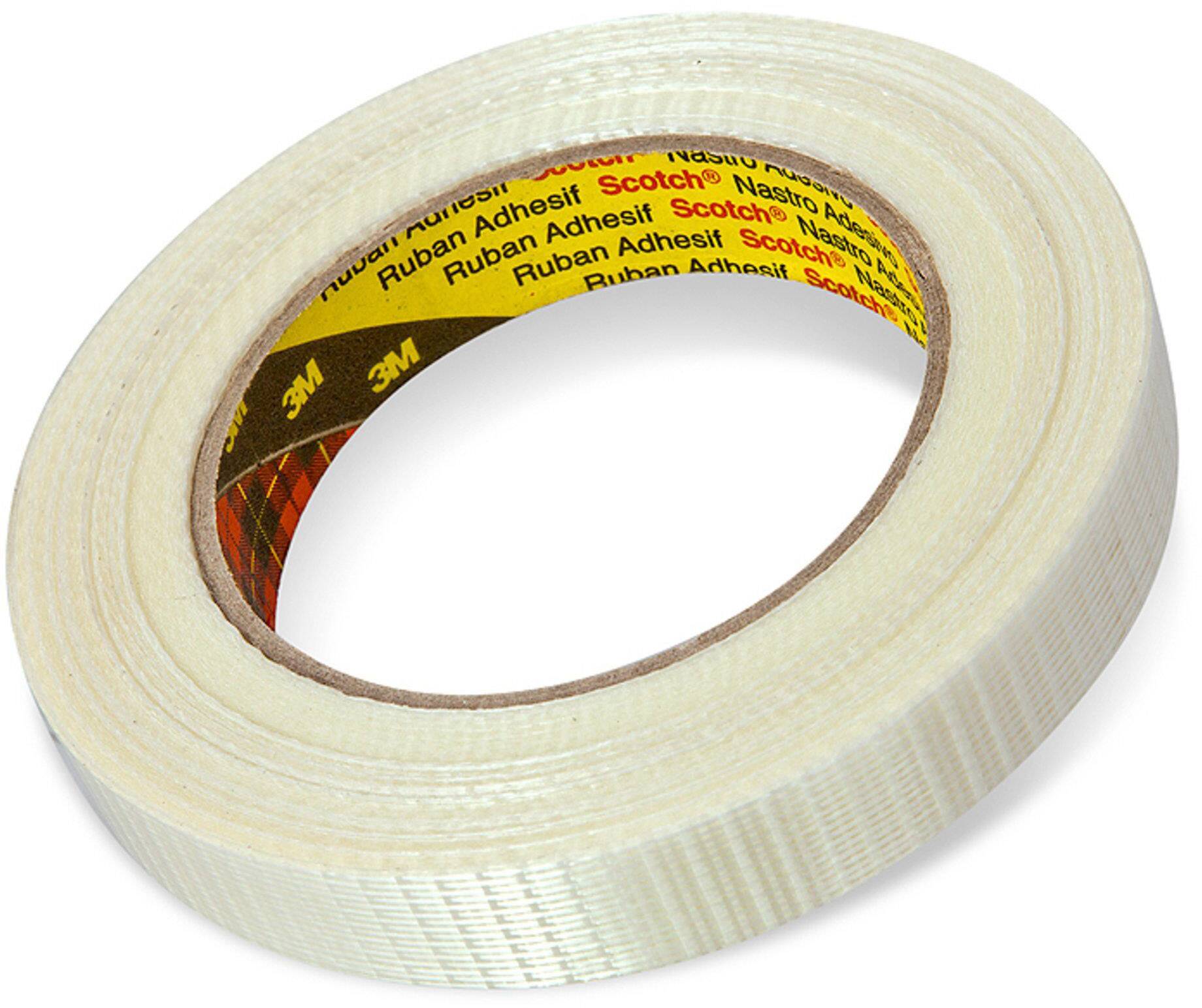 A roll of transparent adhesive tape, interwoven with white threads, lying on a white background.