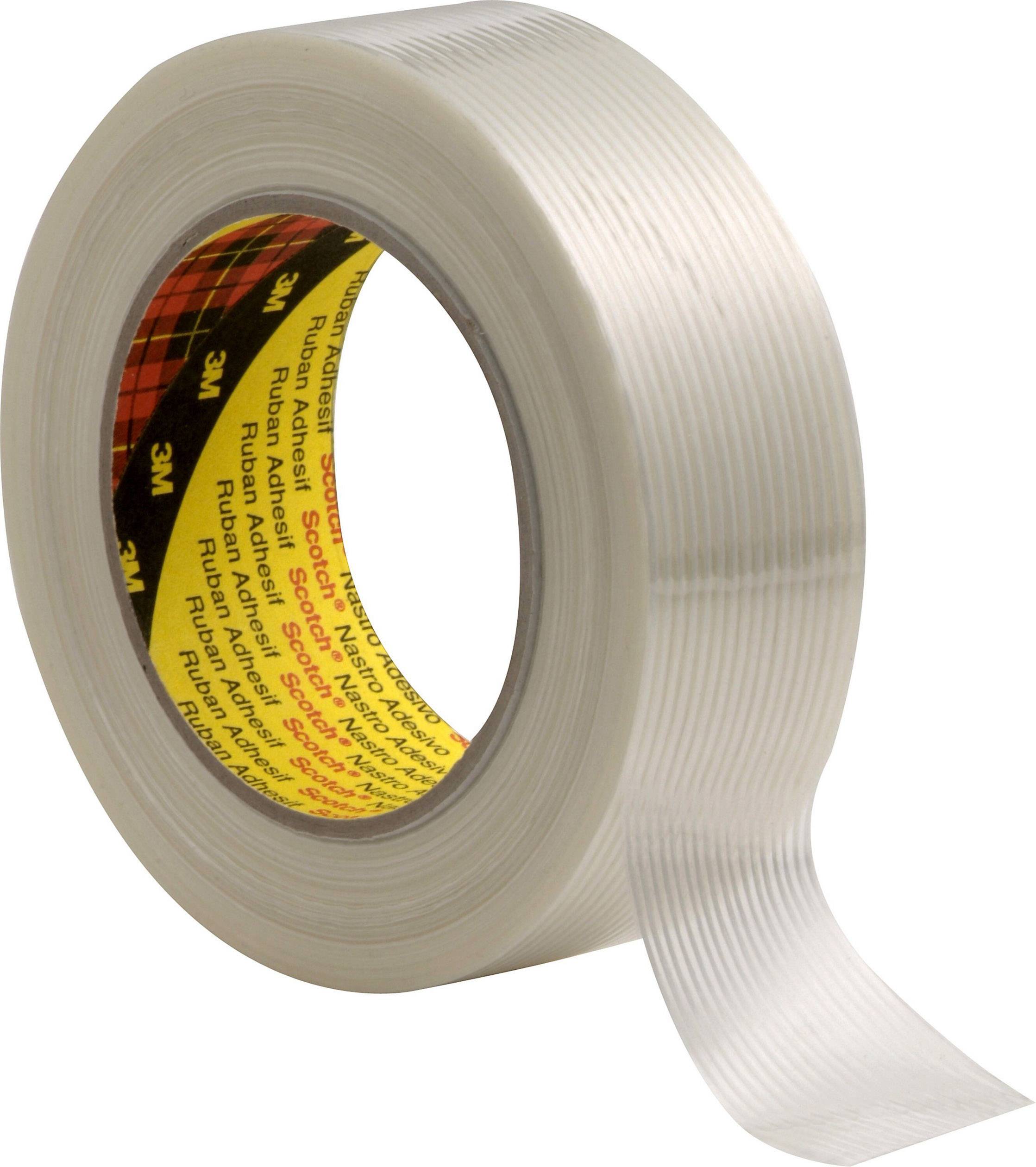 A roll of transparent, reinforced adhesive tape from 3M, partially unrolled.