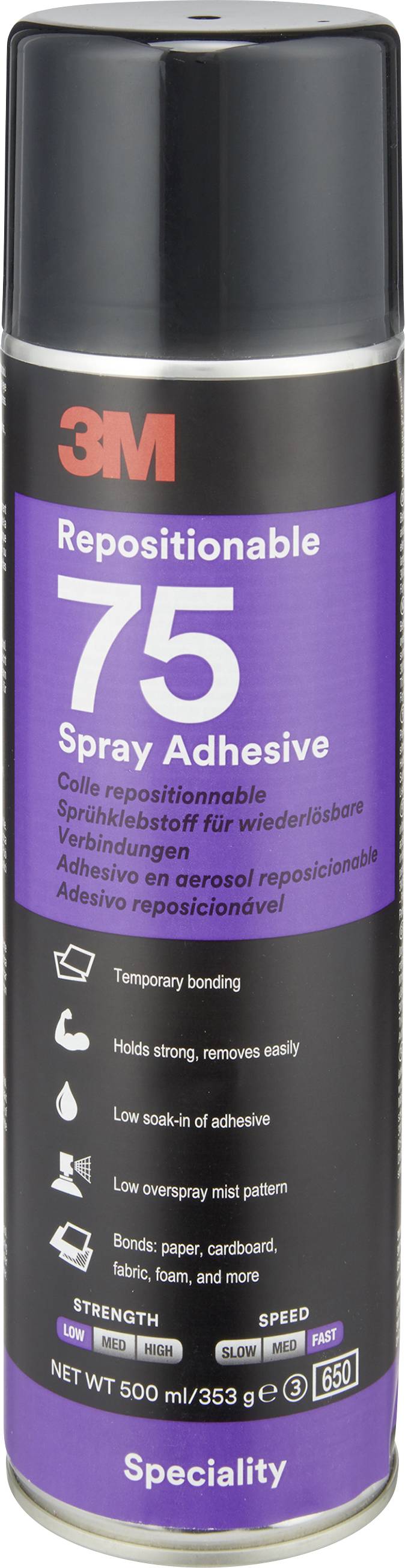 3M Repositionable 75 spray adhesive can, black and purple label, 500 ml, for temporary bonding and easy removal.