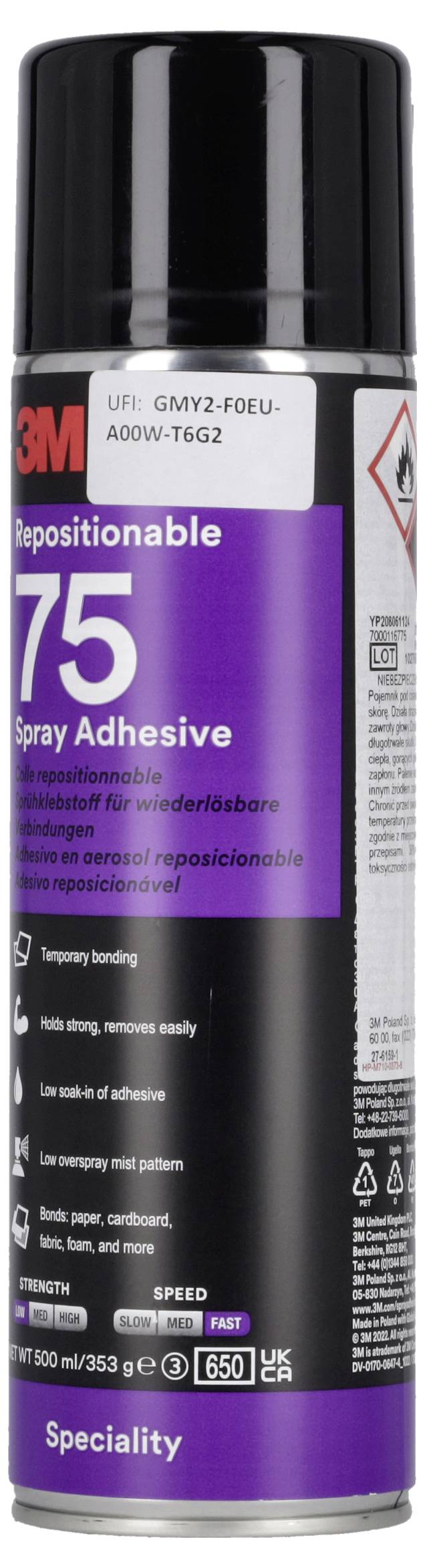 3M Repositionable 75 spray adhesive can, black and purple aerosol with warning label and white capless top.