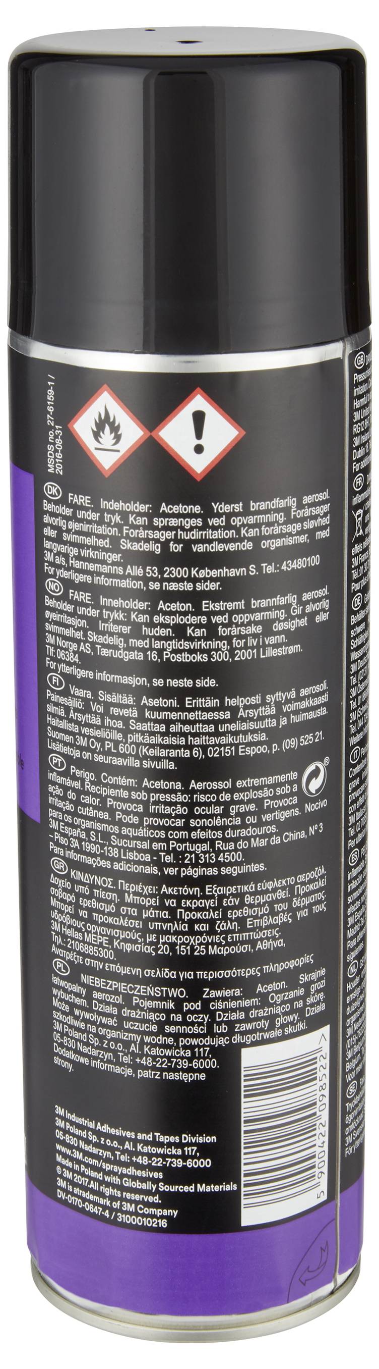 A tall black aerosol spray can with a purple bottom band and a warning label showing flammable and exclamation icons.