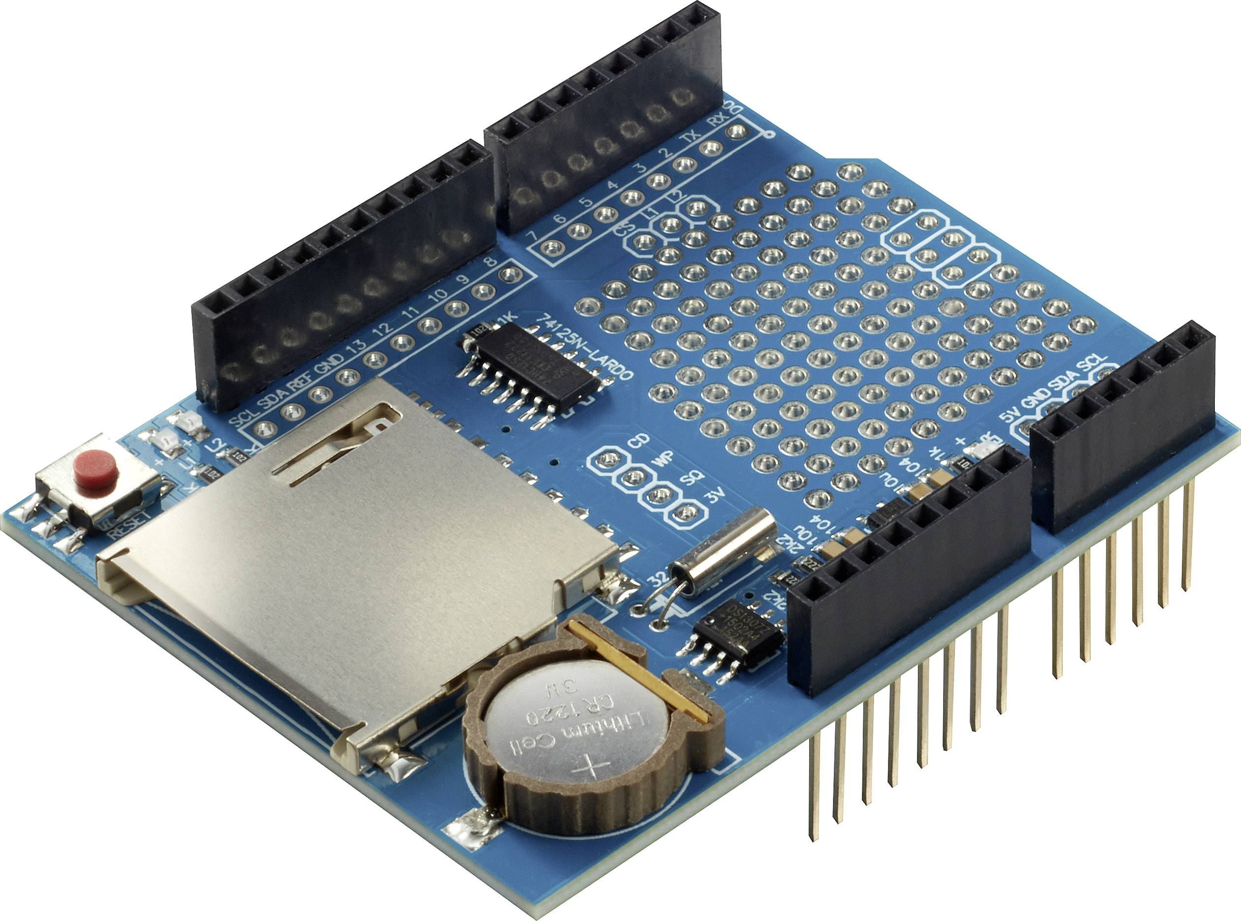 Blue electronic module with battery, SD card slot and connection pins, used for prototype building and storage capacity expansion.