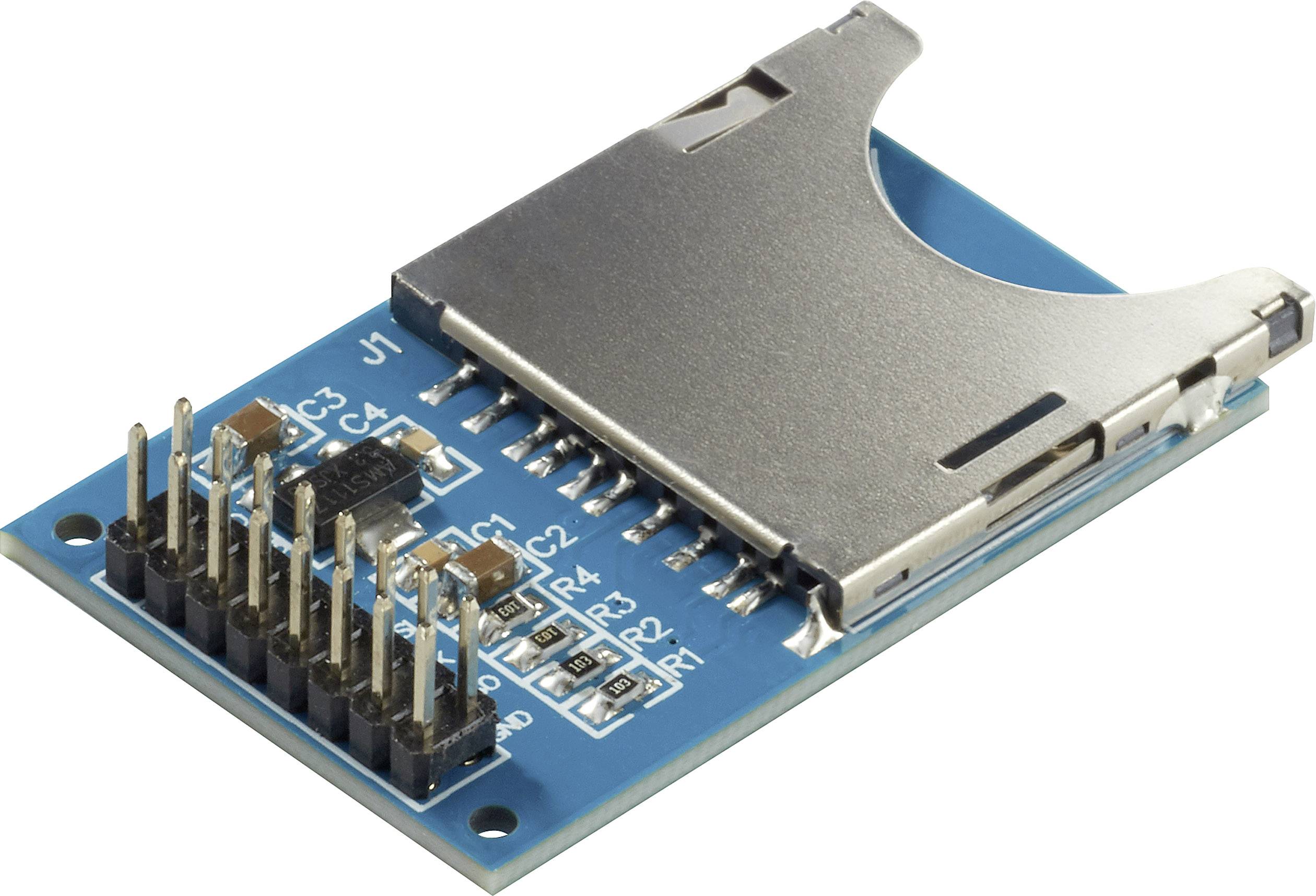 A blue SD card module adapter with metal connection and pin header for wiring. Suitable for microcontroller projects.Note: The translation is already in British English and does not require significant modifications.