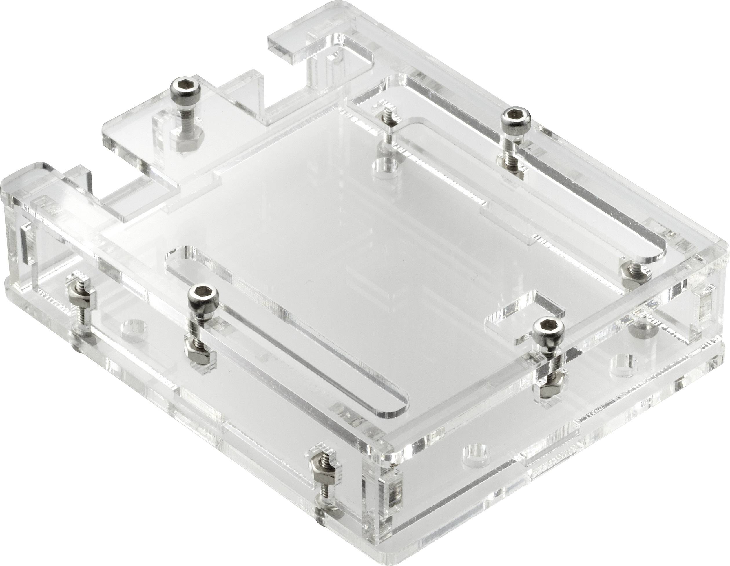 Acrylic enclosure with multiple mounting screws, suitable for housing electronics or protecting small circuit boards.