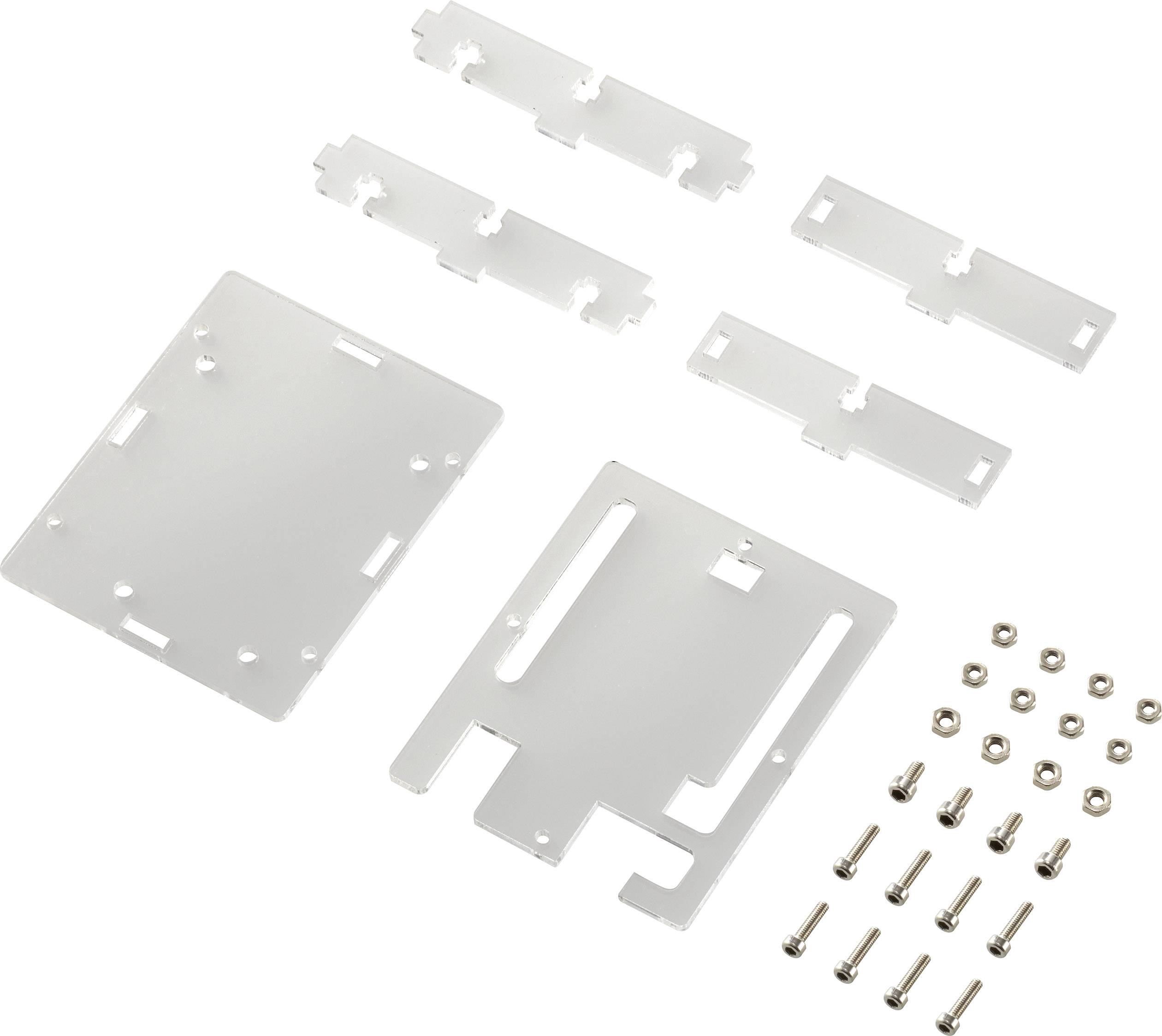 Transparent plastic sheets and screws of various sizes on a white background, ready for assembly.