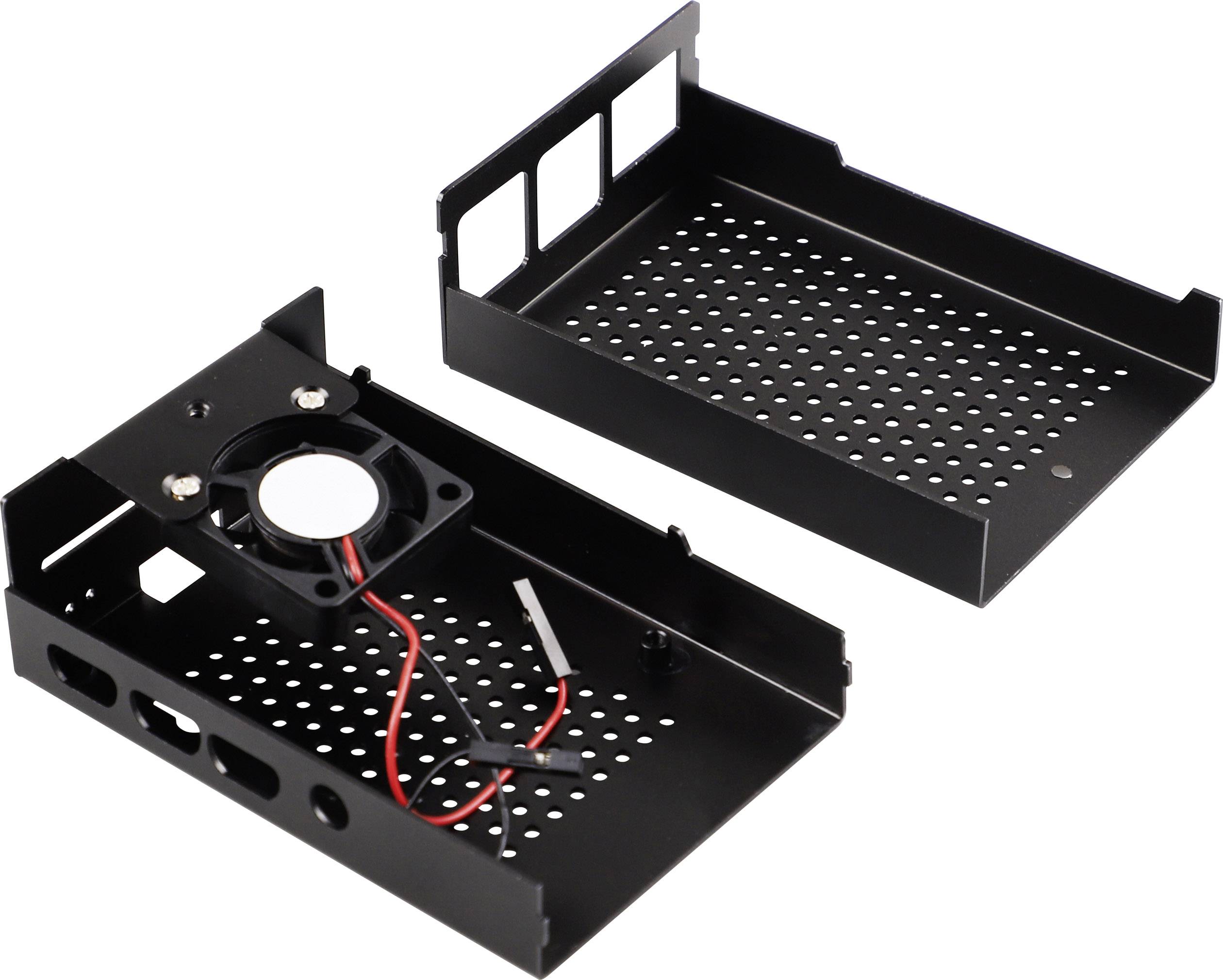 Two black metal computer mounting rails, one with a built-in small fan and red wires, the other without.