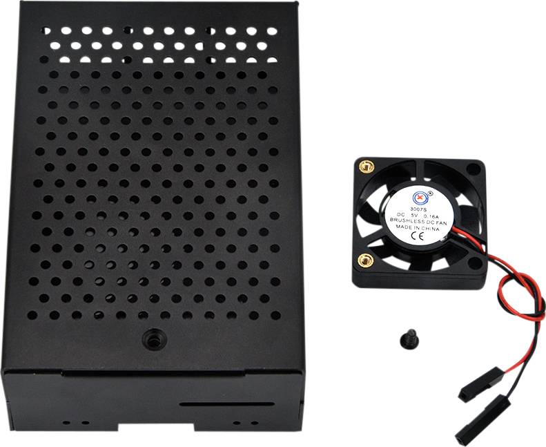 A black metal box with a perforated lid next to a small fan with red and black cables and a mounting screw.