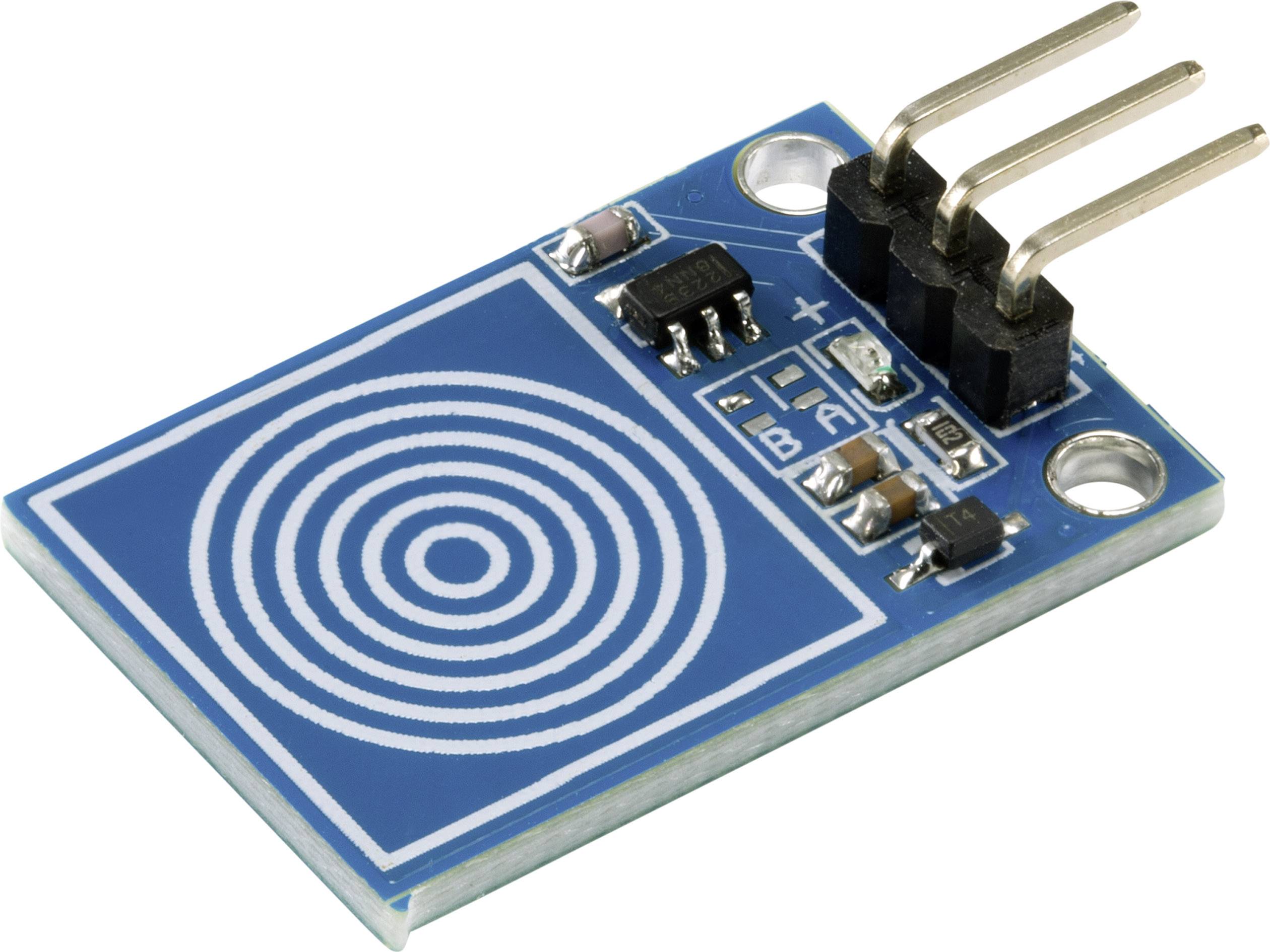 A blue capacitive proximity sensor with three pins and concentric circles on the surface. It measures proximity or touch.