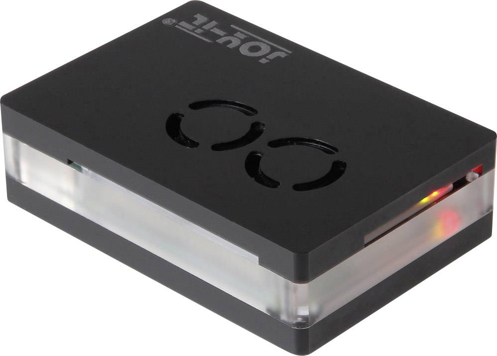 Small, rectangular black enclosure with ventilation slots at the top and a glowing LED light on the side.